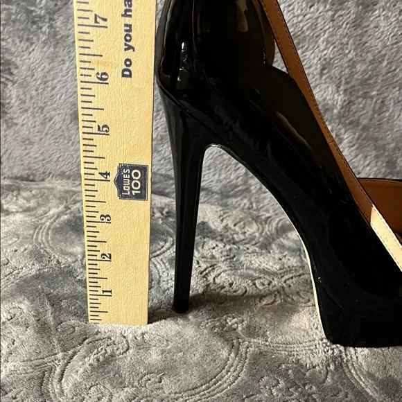 Black Patent Peep-Toe Platform 6 inch Heels with Rhinestone Ankle Strap - Picture 13 of 16